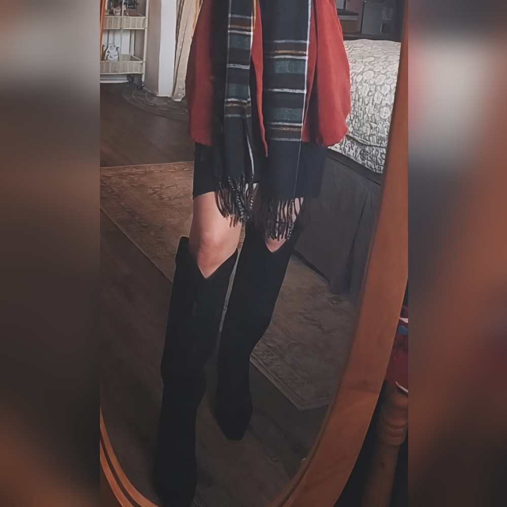 Black Suede Knee High Western Boots